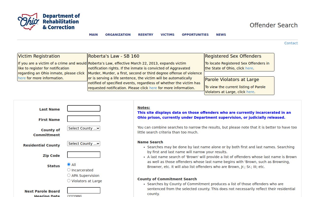 Ohio Department of Rehabilitation and Correction offender search page