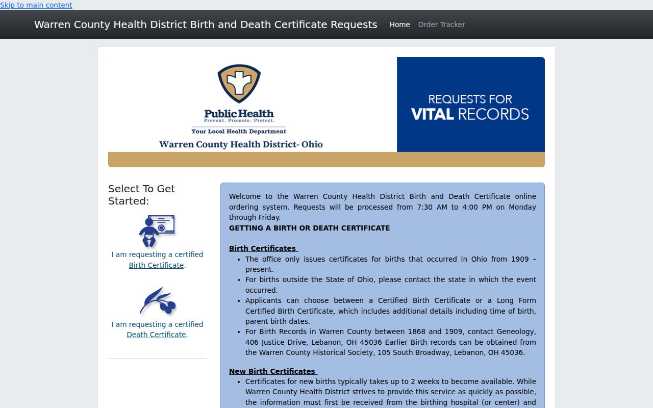 Lebanon previous residents Warren County online vital record order page