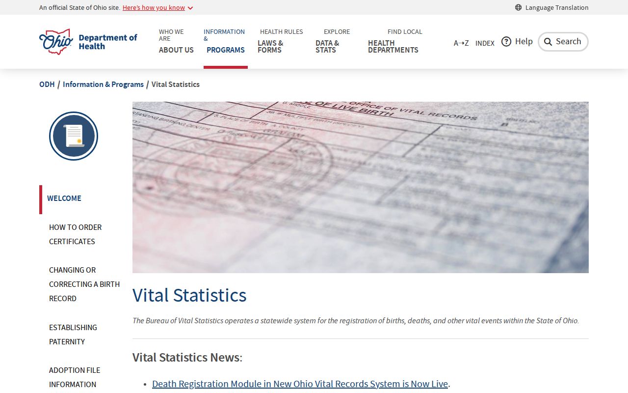 Lebanon previous residents Ohio vital statistics information page