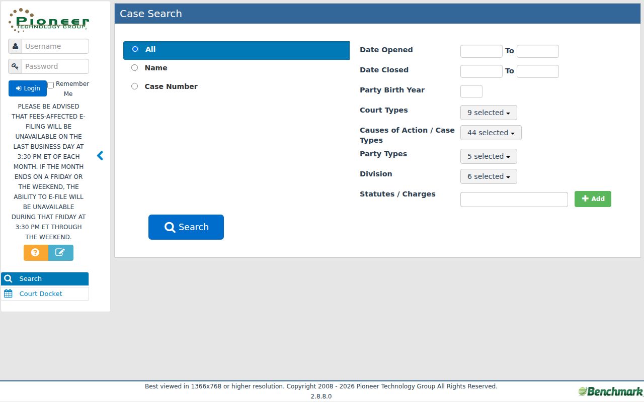 Warren County Common Pleas Benchmark public access search page
